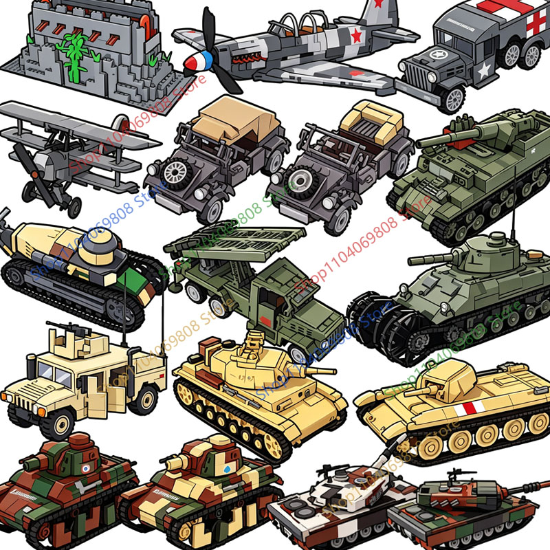 Model Kit Metal Slug - MOC 軍用車両ビルディングブロック WW2 フランス米国兵士戦車兵士装甲車両戦闘機ロケット砦レンガおもちゃ N26